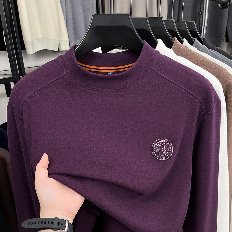 Sweater Lengan Panjang Semi High Neck Beludru Jerman untuk Pria, Kemeja Dasar Hangat Beludru Dua Sisi, Lapisan Dalam Berbulu