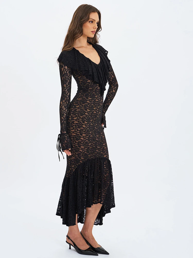JULISSA MO Sexy pure dentelle robe sirène femmes noir manches évasées col en v robe Maxi automne mince élégant robe de soirée 2025