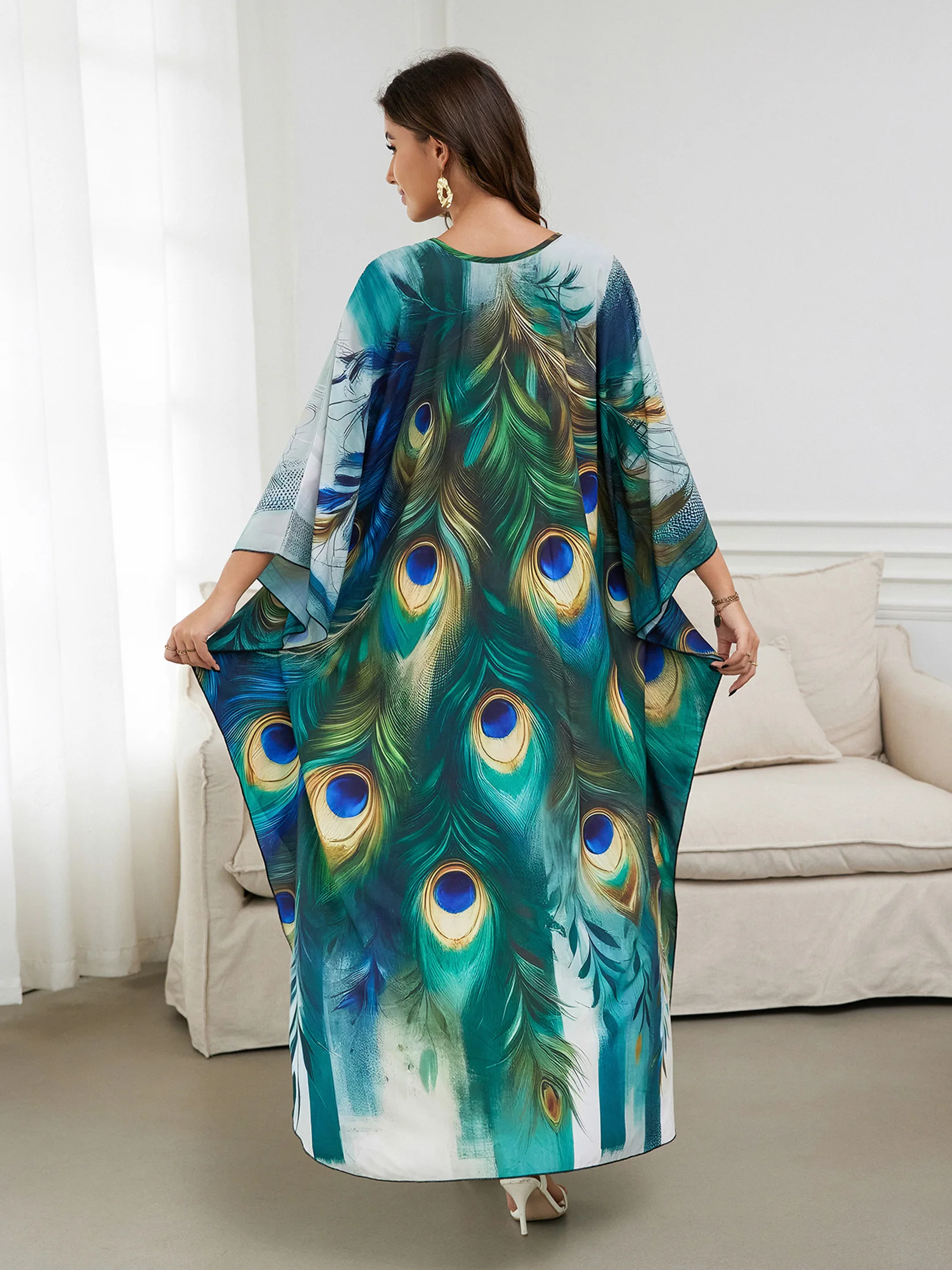 Butterfly Printed 2024 Summer Boho Plus Size Sexy V Neck Long Sleeve Side Slit Kaftan Dress Women Beach Wear Maxi Dresses Q1588