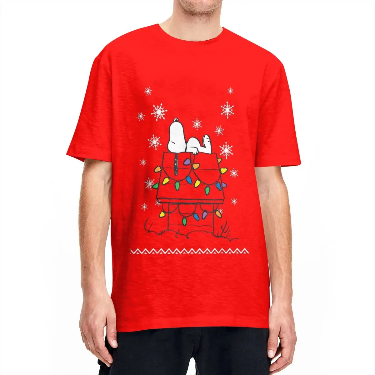 Peanuts Holiday Snoopy Dog House Lights T Shirts Men 100% Cotton Hipster T-Shirt Crew Neck Tees Short Sleeve Clothing Plus Size