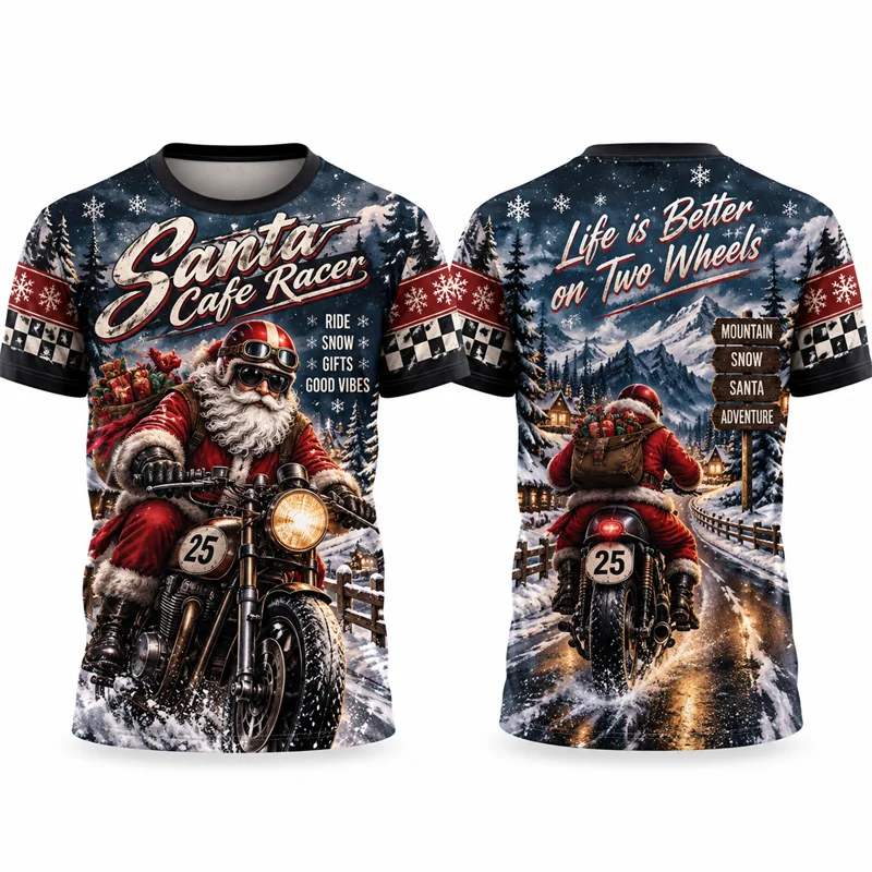 Christmas Motorcycle T Shirt Men Santa Cafe Racer Biker Graphic Short Sleeve Xmas Holiday Vintage Streetwear Casual Fashion Top