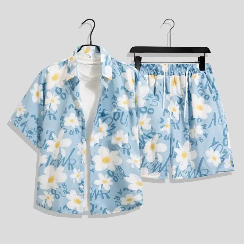 Summer Men's Hawaiian Shirt Set Fashion Loose Casual Handsome Beach Vacation Short Sleeve Flower Shirt Shorts Two Piece Set