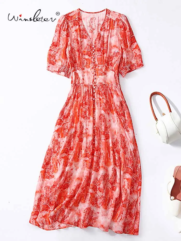 

Winsleter-Women 100%Real Silk Elegant Dress, V Neck Short Sleeve Print Button, Commute Versatile Dresses, 2025 Summer D57514CC