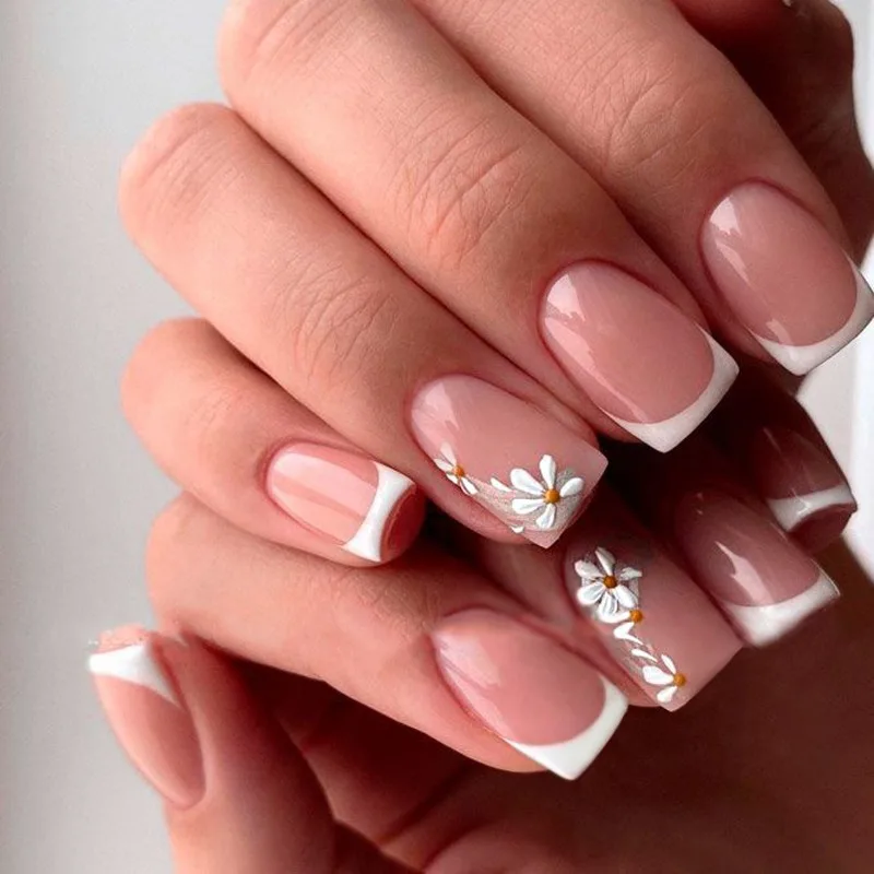 

24pcs French White False Nails Short Square Stick-on Nails 3D Flower Spring Summer Press on Nails for Women Prosthetic Nail Set