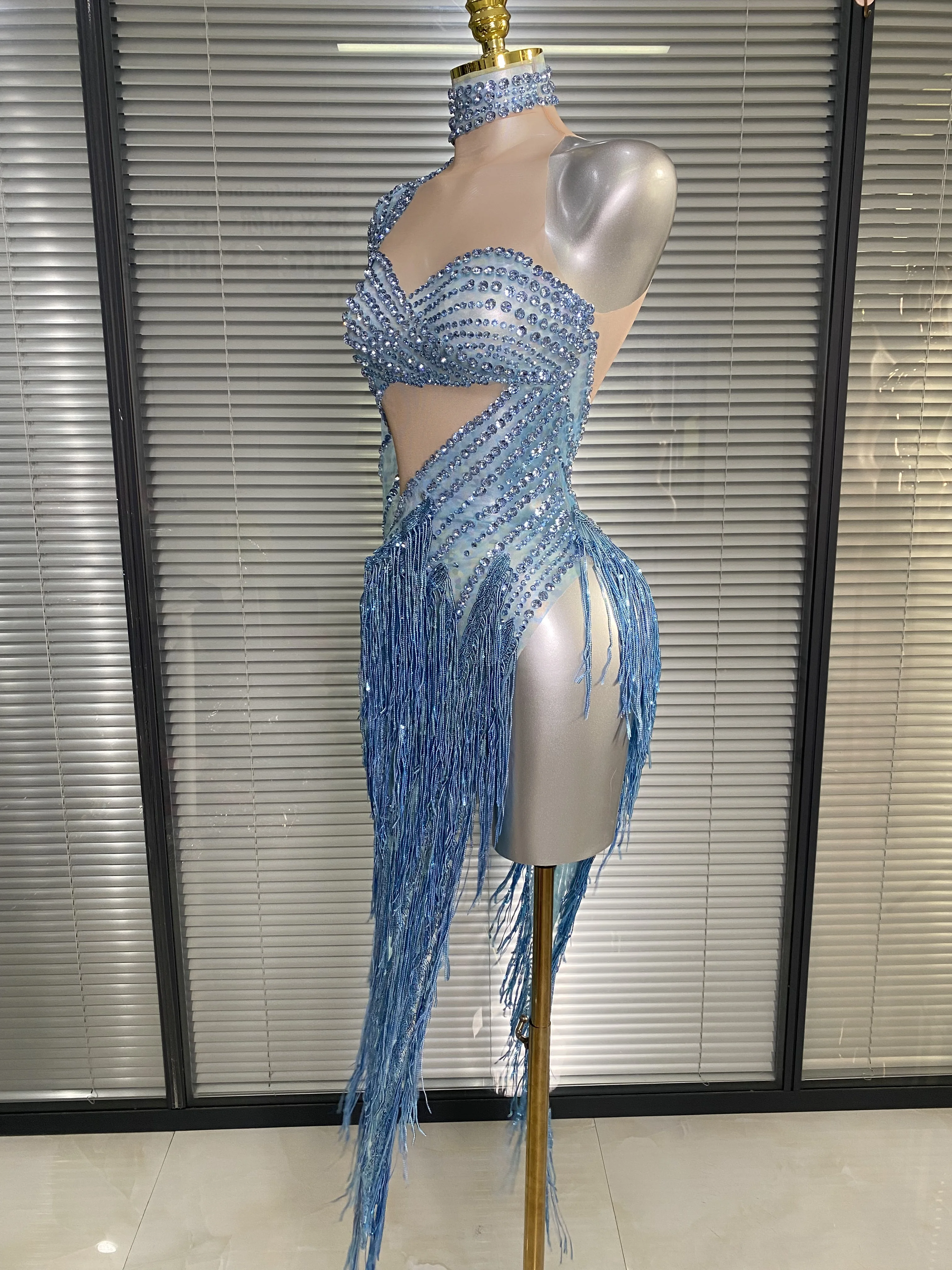 Women Sexy Sparkly Rhinestone Tassels Blue Mesh See Through High Split Short Birthday Dress Party Nightclub Performance Costume view 3