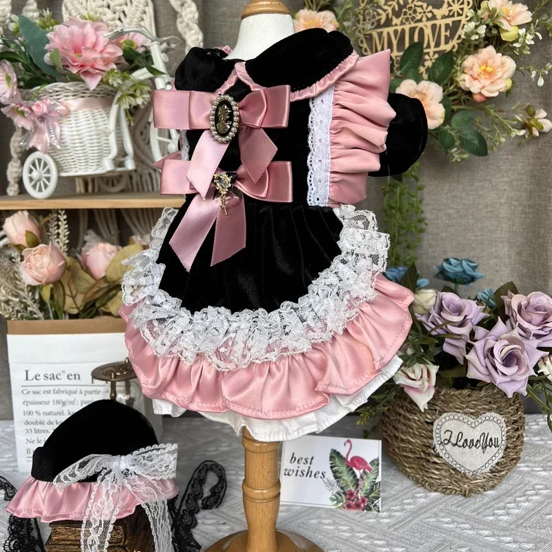 Original Handmade Pet Dog Cats Clothing Retro Black Pink Velvet Bow Cute Princess Dress For Small Medium Dog Puppy Clothes Coat