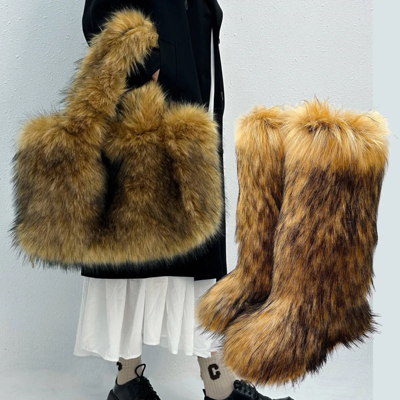 2025 Women's Winter High Boots Warm Fashion Imitation Fox Fur Women's Boots And Velvet Padded Women's Shoes Fur Handbag Sets