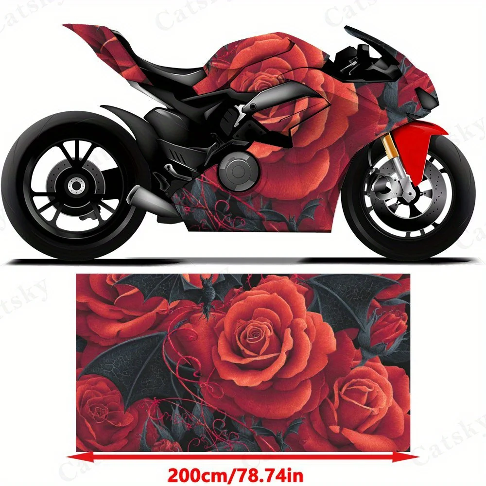 Rode rozen en zwarte vleermuisvleugels motorfiets filmstickers, duurzame PVC zelfklevende stickers voor motorfietsaanpassing, weerbestendig