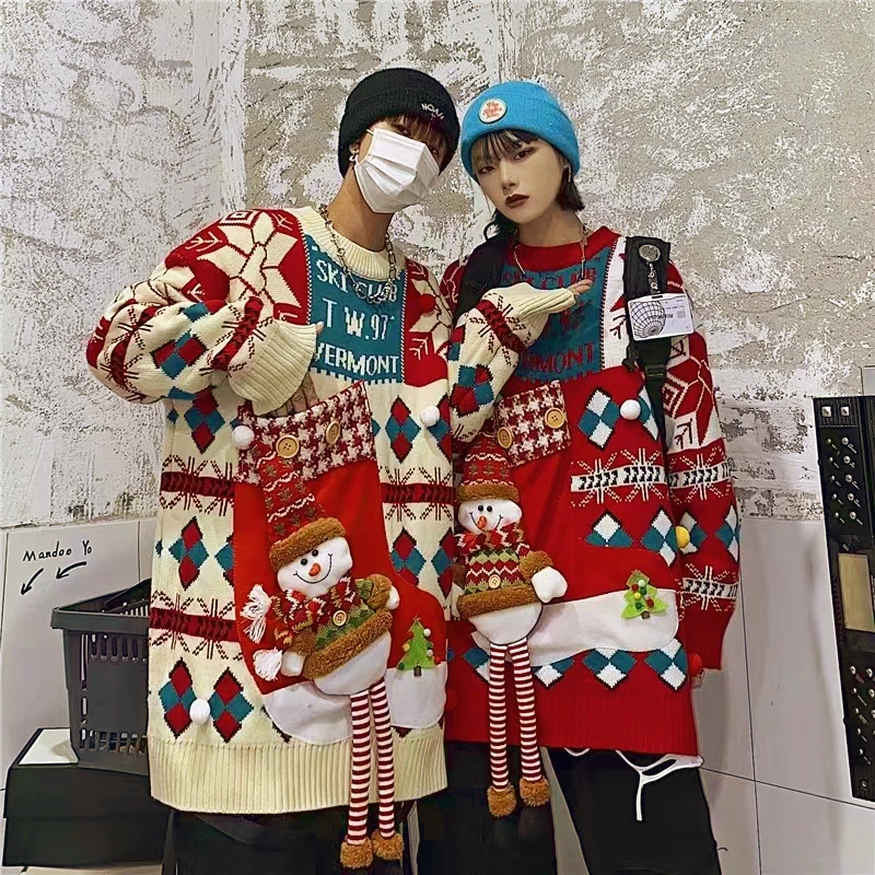 Christmas Style Pullover Sweater Women Autumn/Winter Crew Neck Couples Knit Sweater Christmas Eve West Coast Jacket