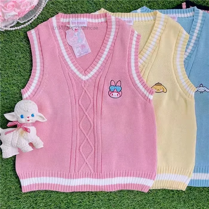 Sanrio Cinnamoroll Kuromi Embroidery Autumn Winter New Knitted Vest Women\'s JK Tank Top Campus Style Sweet Soft Sweater Y2k Girl