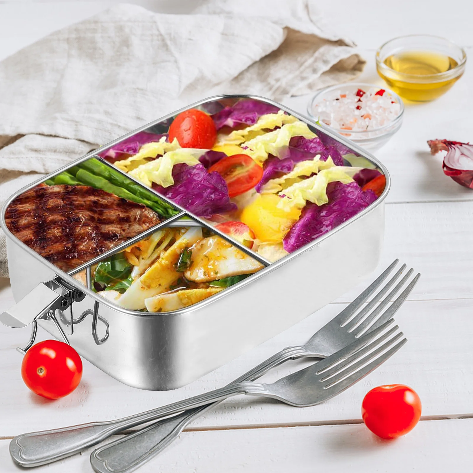 

1 шт., коробка для бенто из нержавеющей стали 1,4 л, 3 отделения, дизайн, отделение для еды, здоровый, безопасный, легко чистится, антикоррозийный