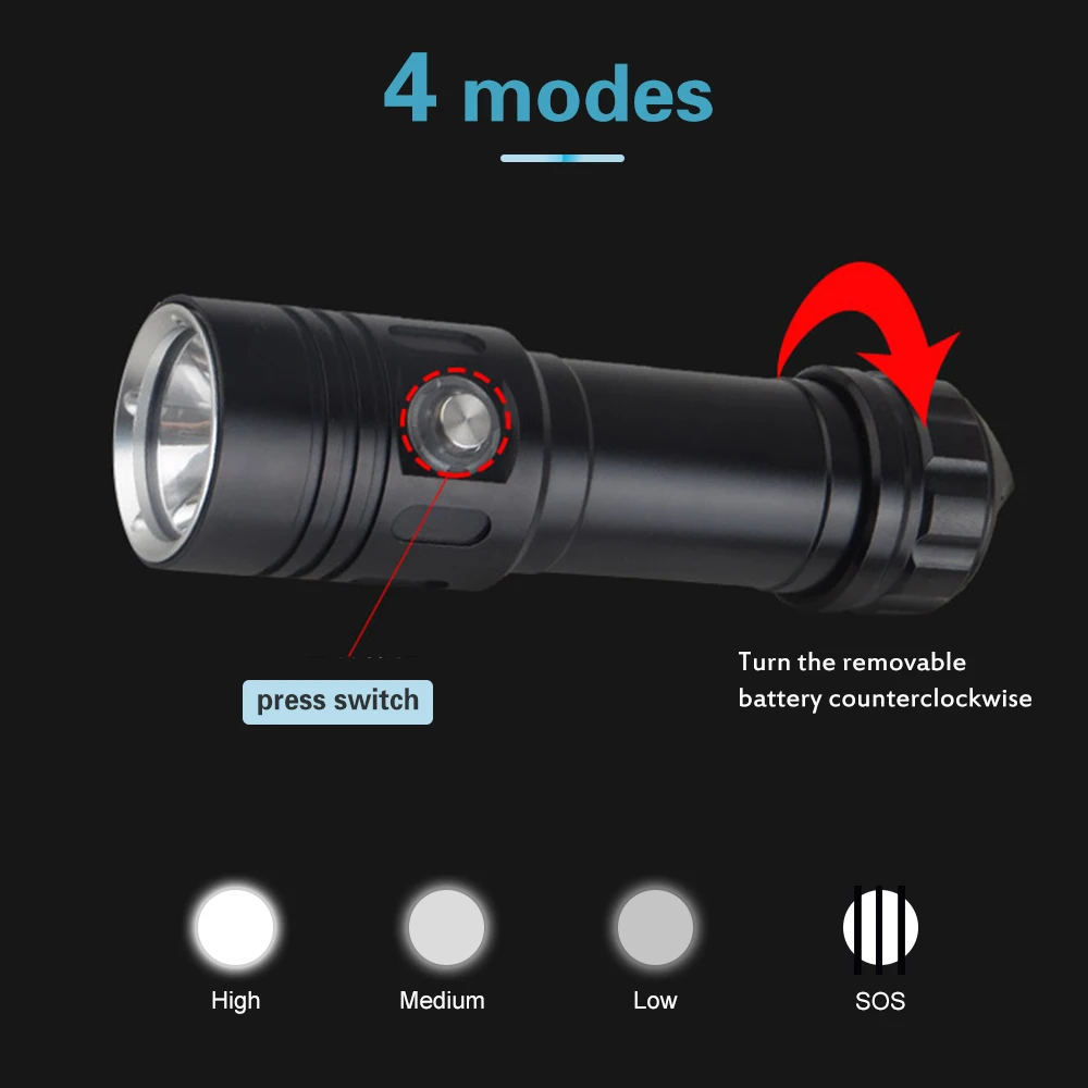 Asafee 50M Underwater L2 LED 1200LM Diving Flashlight IP68 Waterproof Scuba Lantern SOS Lamp Press Switch Outdoor Torch