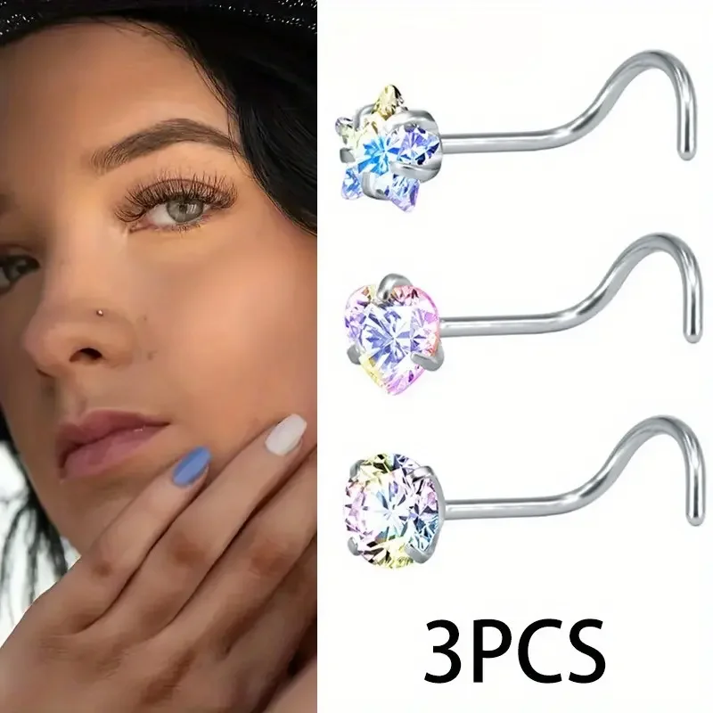 Juego de 3 Piezas de Anillos y Piercings para la Nariz de Acero Inoxidable para Mujer, Joyería de Piercing con Circonita Brillante, Sexy y Versátil