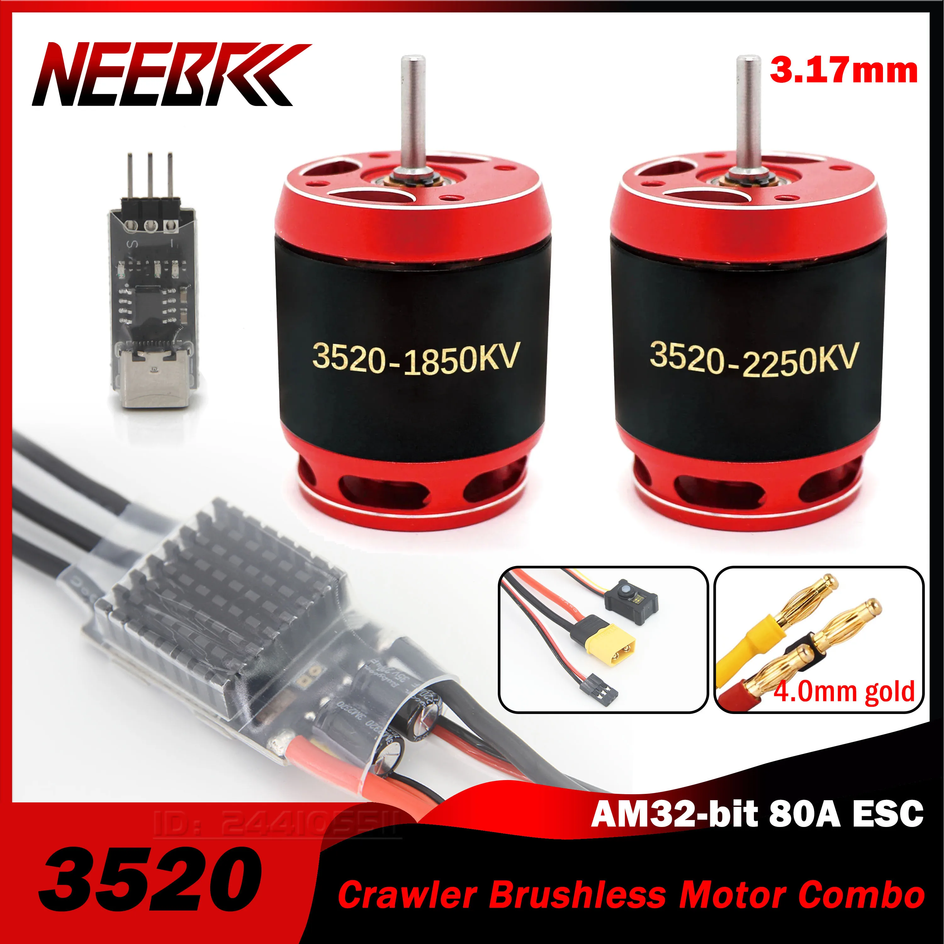 

NEEBRC RC Crawler Car Brushless Combo 3520 Outrunner Motor AM32 Programming 80A ESC BEC for Axial Traxxas SCX10 TRX4 TRX6 Part