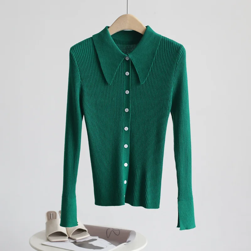 Knitted Rib Button Up Polo Cardigan Sweater With Collar