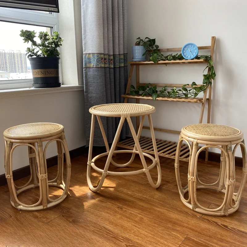 Natural Rattan Drum Stool Vintage Round Ottoman for Tea House Handwoven Guzheng Bench Bohemian Makeup Chair for Living Room