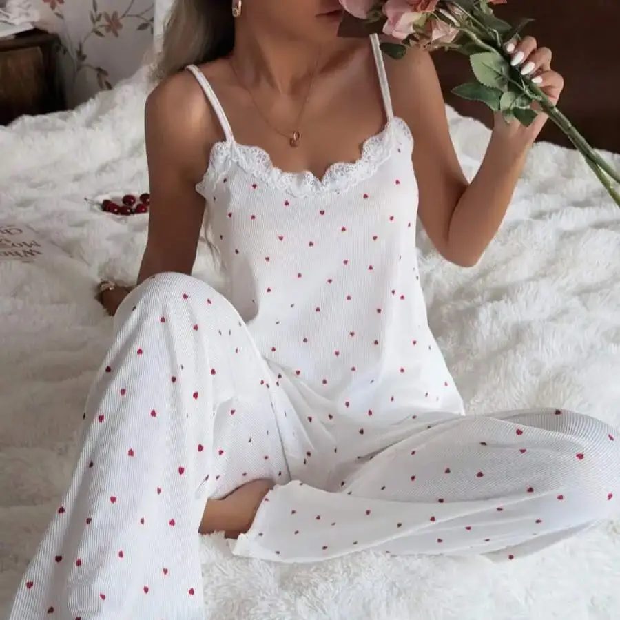 

Women's Knitted Heart Print Camisole And Shorts Pajama Set Sexy And Suitable For Outerwear All Seasonswith 2 Piece White Black