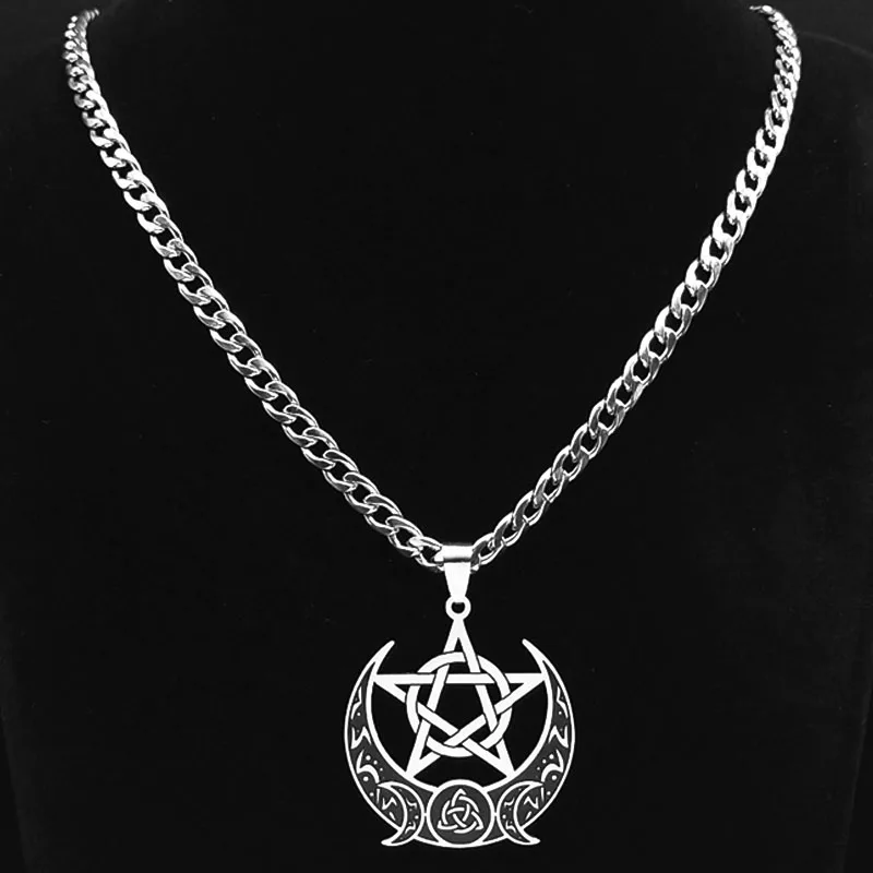 Wicca Triple Moon Crescent Pentagram Necklace for Men Women Stainless Steel Chain Necklaces Jewelry Gift collares mujer 9609