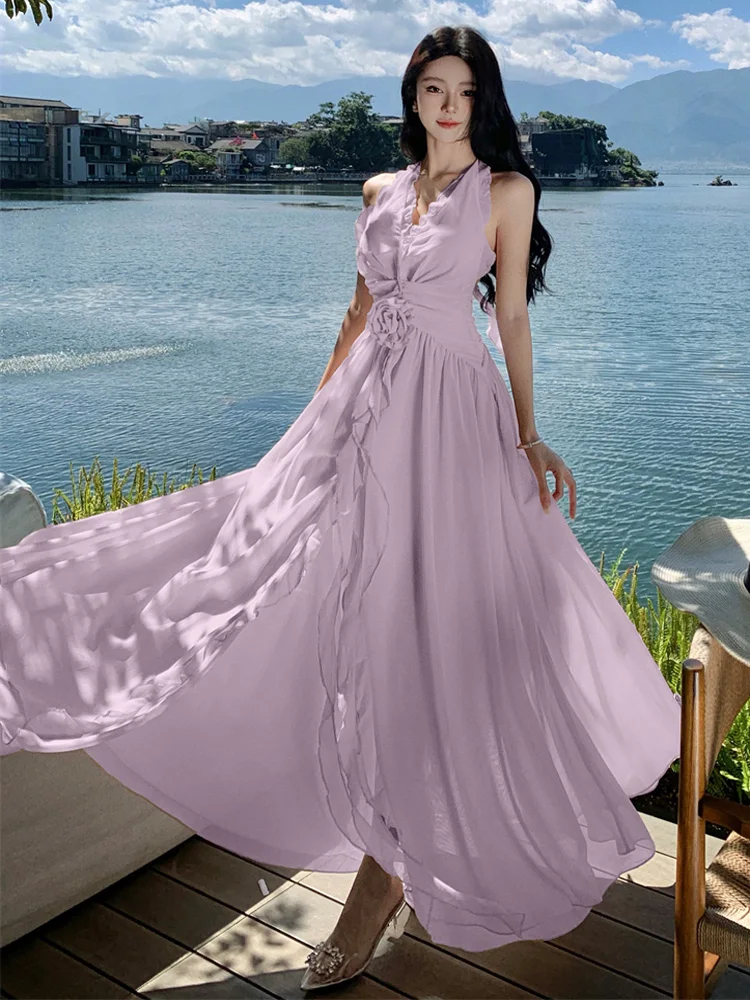 Vestido bohemio de fiesta de vacaciones para mujer, vestido largo de playa con volantes y escote en V profundo, cintura alta, liso, Sexy, sin espalda