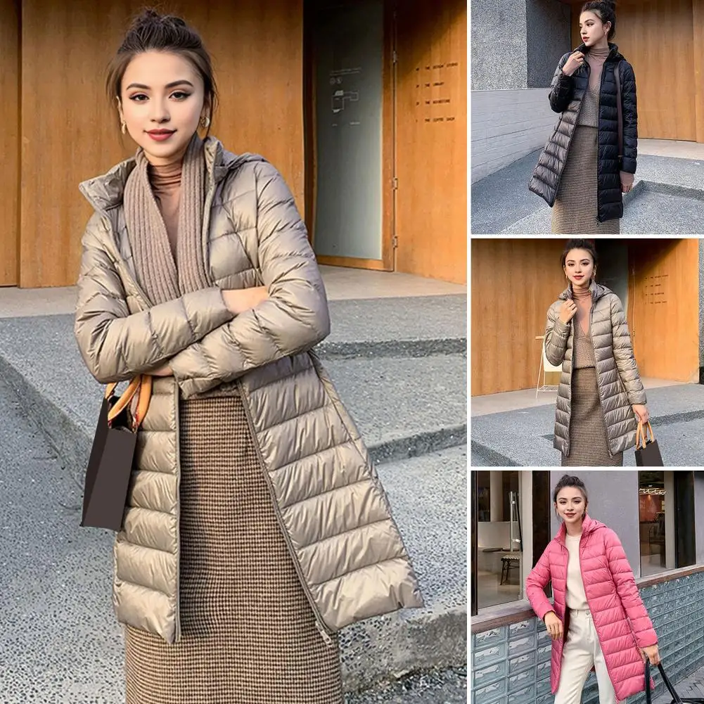 Women Winter Down Coat Hooded Padded Solid Color Mid Length Plus Size Long Sleeves Zipper Closure Windproof Warm Jacket