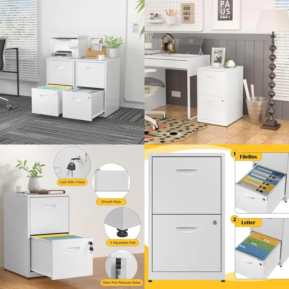 

White Metal 2 Drawer Office Cabinet with Lock, Home Office Desk Storage, Easy Assembly