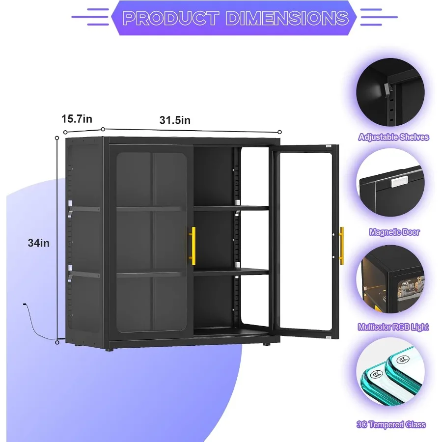 Display Cabinet with Glass Doors and RGB Lights for Collectibles view 2