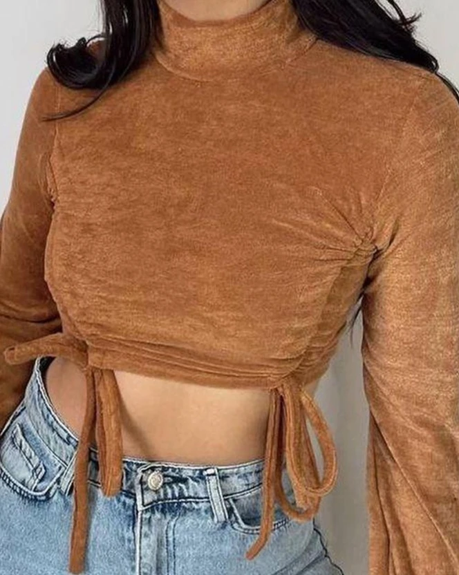 2023 Autumn Winter Spring New Fashion Casual Sexy Long Sleeve Drawstring Ruched Velvet Crop Top Female T-Shirts Pullover Tops