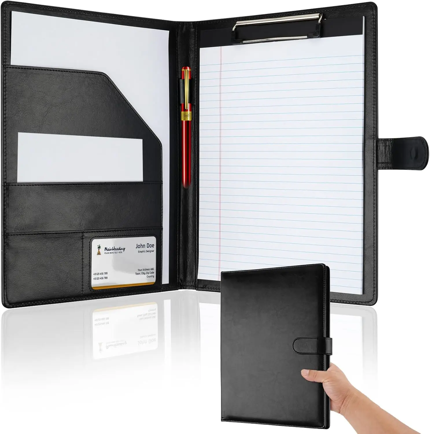 

Faux Leather Padfolio with Clipboard, Legal Pad Holder for A4/Letter, Business Organizer, Black