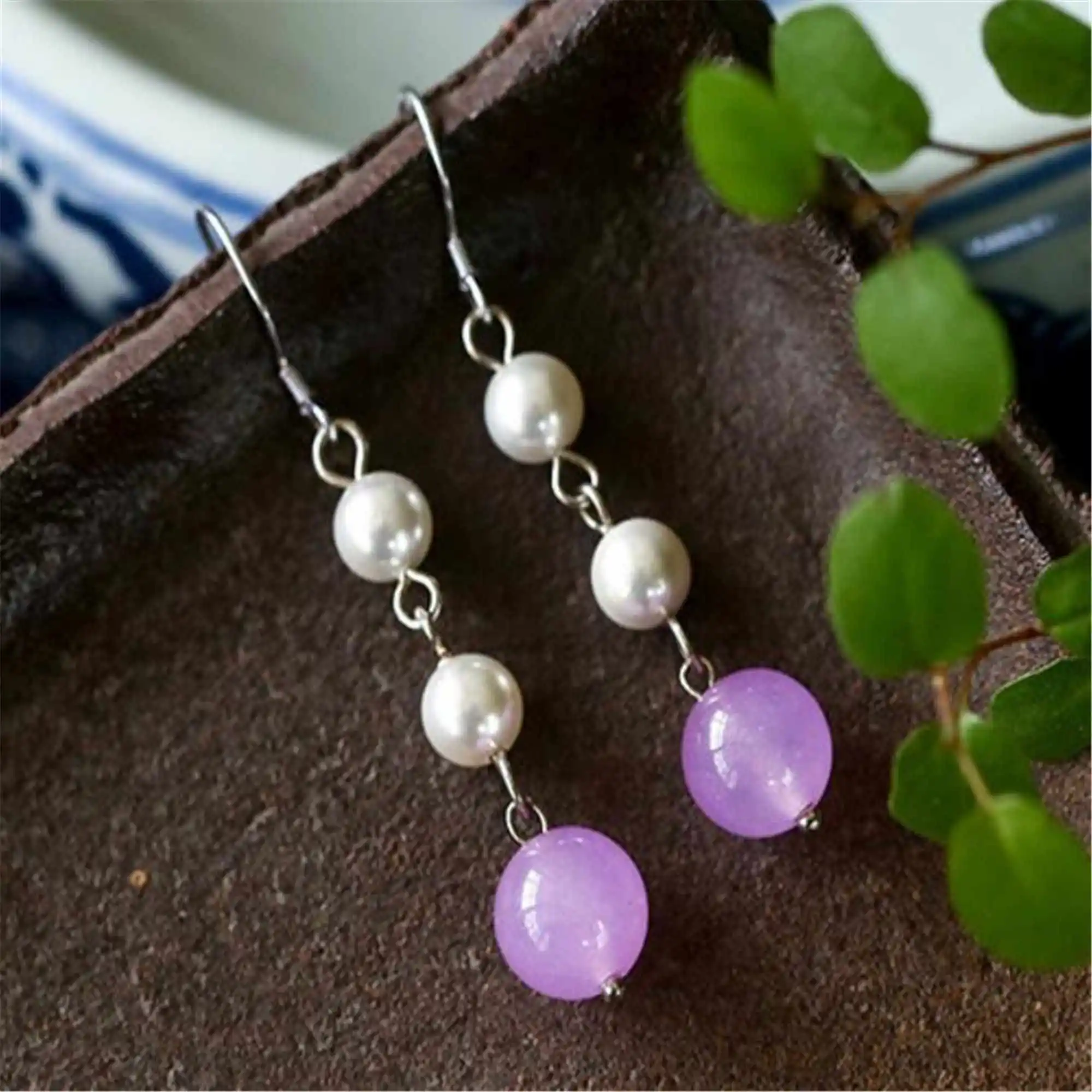 Fashion round white pearl rose quartz silver Earrings Aquaculture Women Cultured Christmas Hook