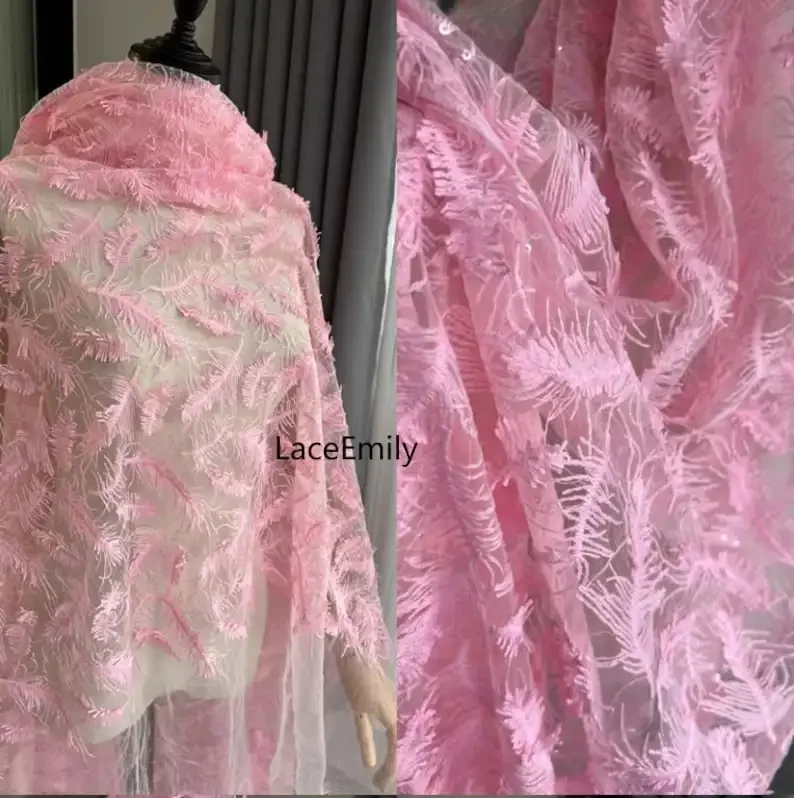 4 Colors 3D White black pink 3D feather sequin embroidery Lace fabric soft tulle  Girl Dress Bridal Dress Wedding Dress 1 Yard