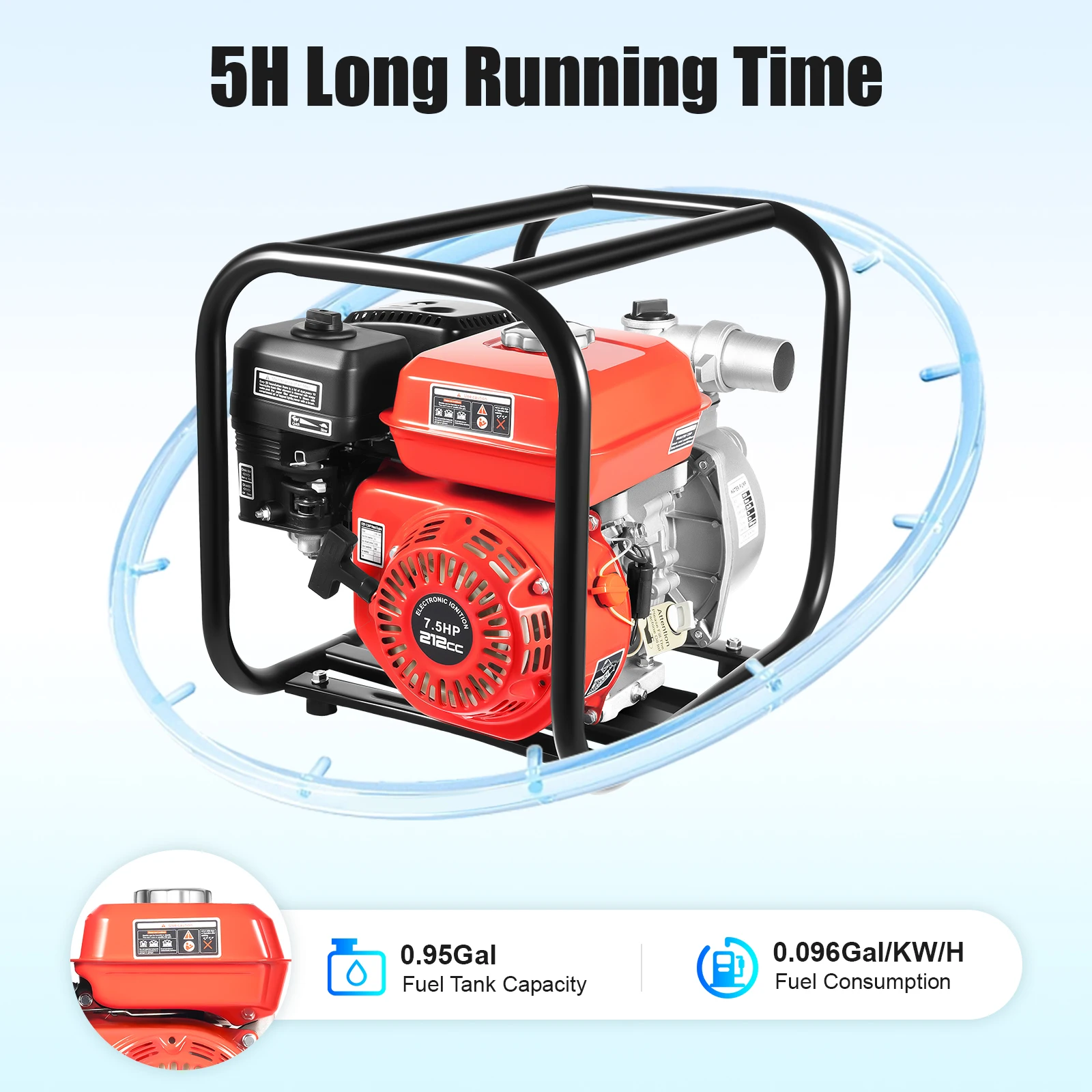Red And Black Gasoline Engine Water Pump(Manual Rope Start&One-Click Shutdown) - Anti-Slip Pads&Heat Dissipation Holes