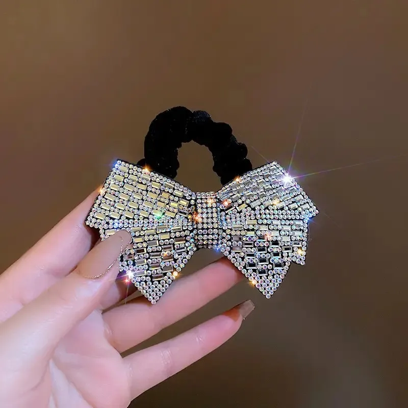 Shiny and sparkling rhinestone hair accessories - bow hair clips and elastic tie sets - fashionable daily wear for womenandgirls