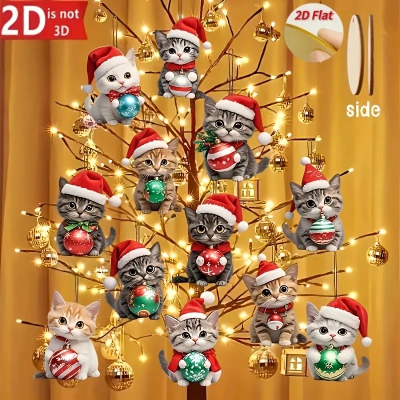 12 قطعة/زينة شجرة القط لعيد الميلاد-طائرة ثنائية الأبعاد للمهرجانات الخشبية وديكورات الحفلات لوحات خشبية أنيقة ديكور منزلي للعطلات #5
