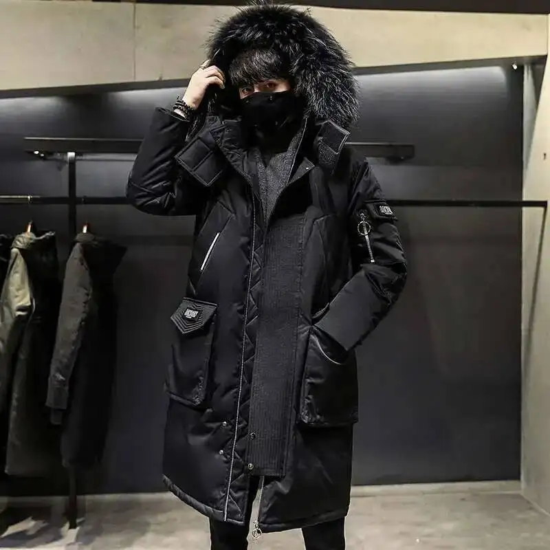 HKSH Winter Autumn New Jacket Men's Tide Long Thicken Warm Big Fur Collar Trend Loose White Duck Down Hooded Cotton Coat HK0112