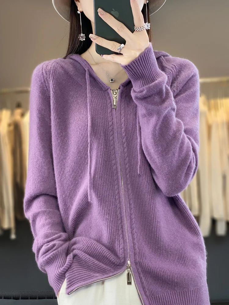 Addonee Women Hoodie Cardigan Zipper 100% Merino Wool Sweater Long Sleeve Casual Loose Cashmere Knitted Coat Korean Fashion Tops