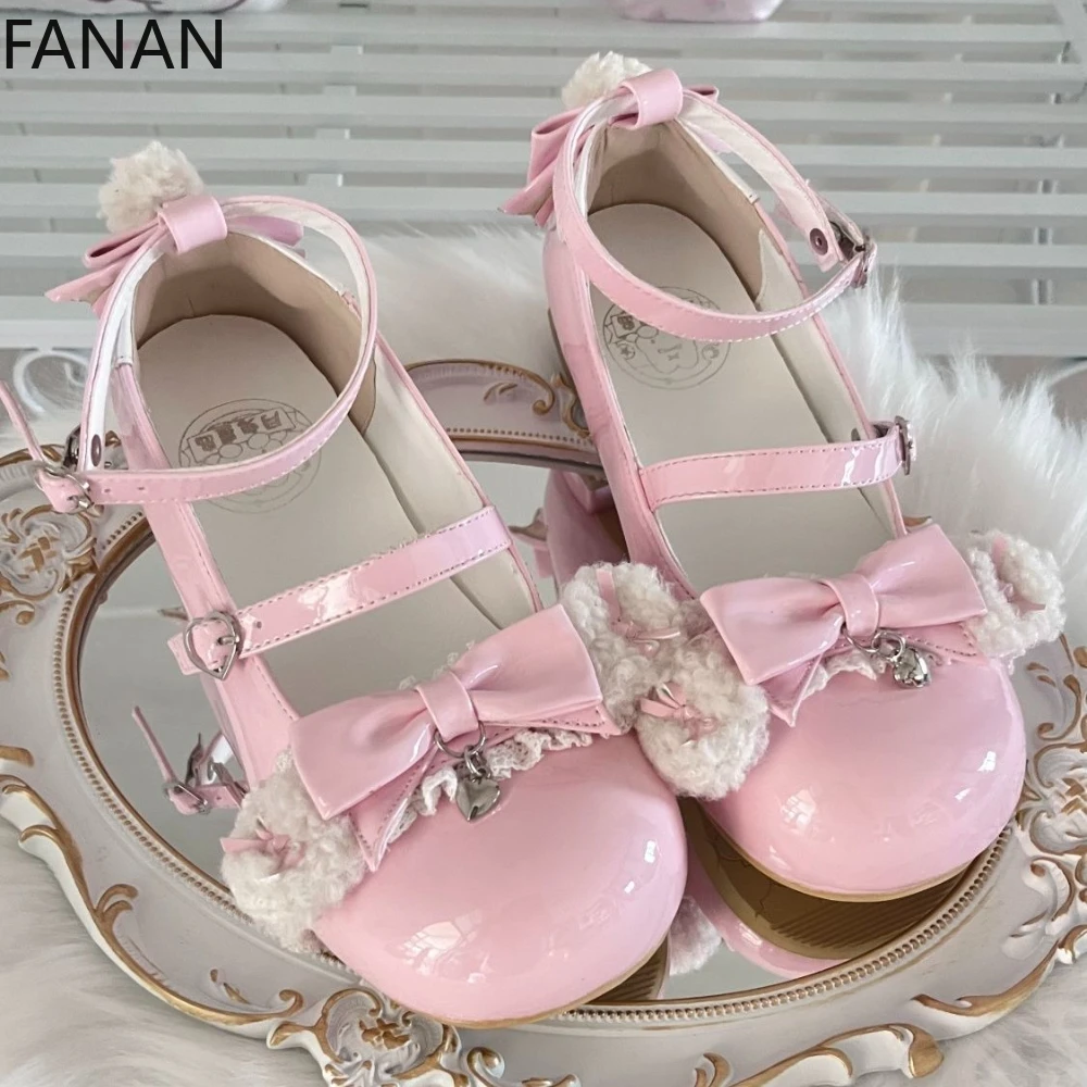 

Flats Non-slip Low Heel Women's Shoes Sweet Lolita Single Shoes Bow Summer Pink Kawaii Pumps Mary Jane Platform Heels