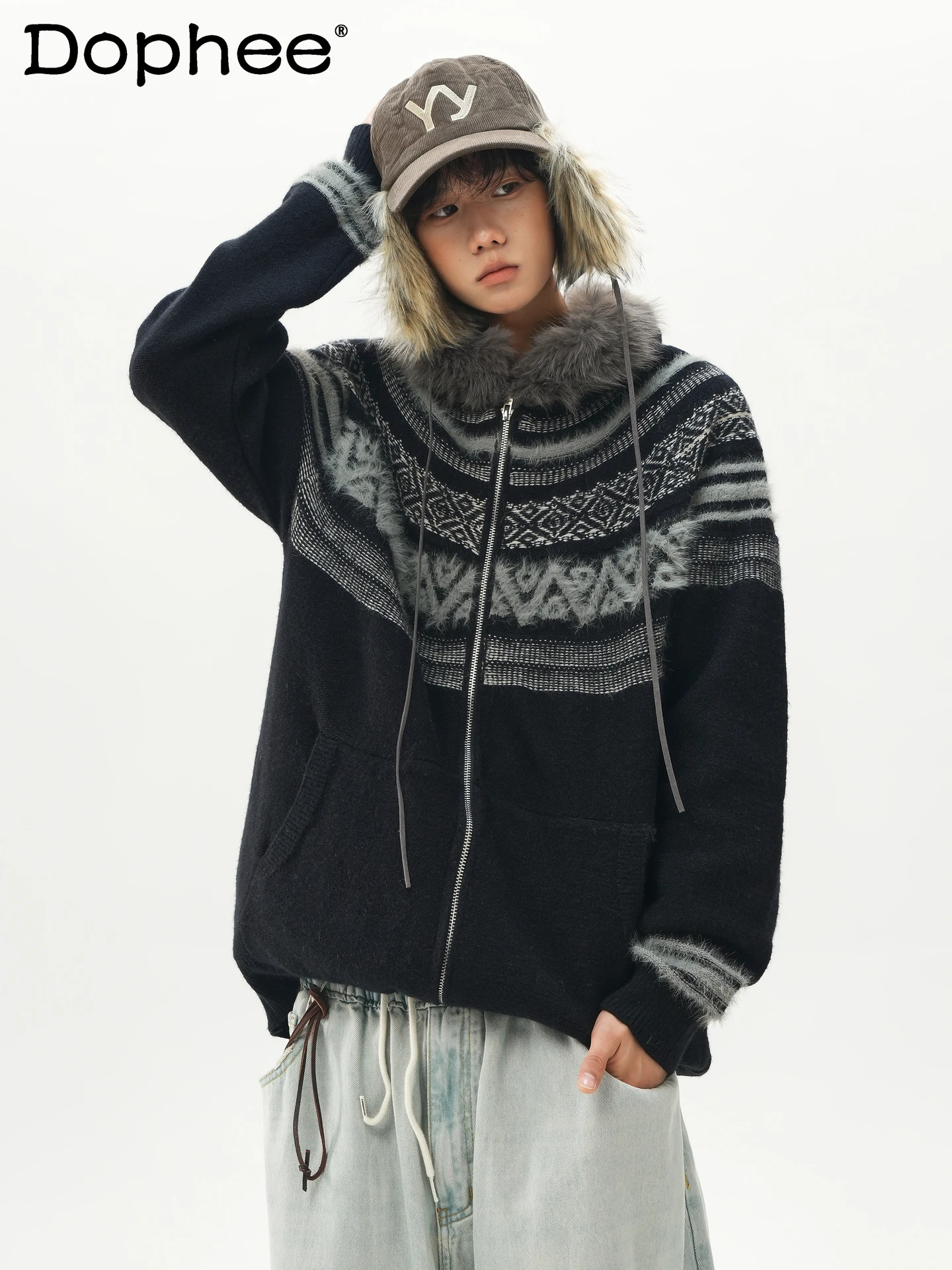 

2025 Новый американский ретро модный тренд High Street кардиган свитер свободная плюшевая вязаная куртка с капюшоном для мужчин