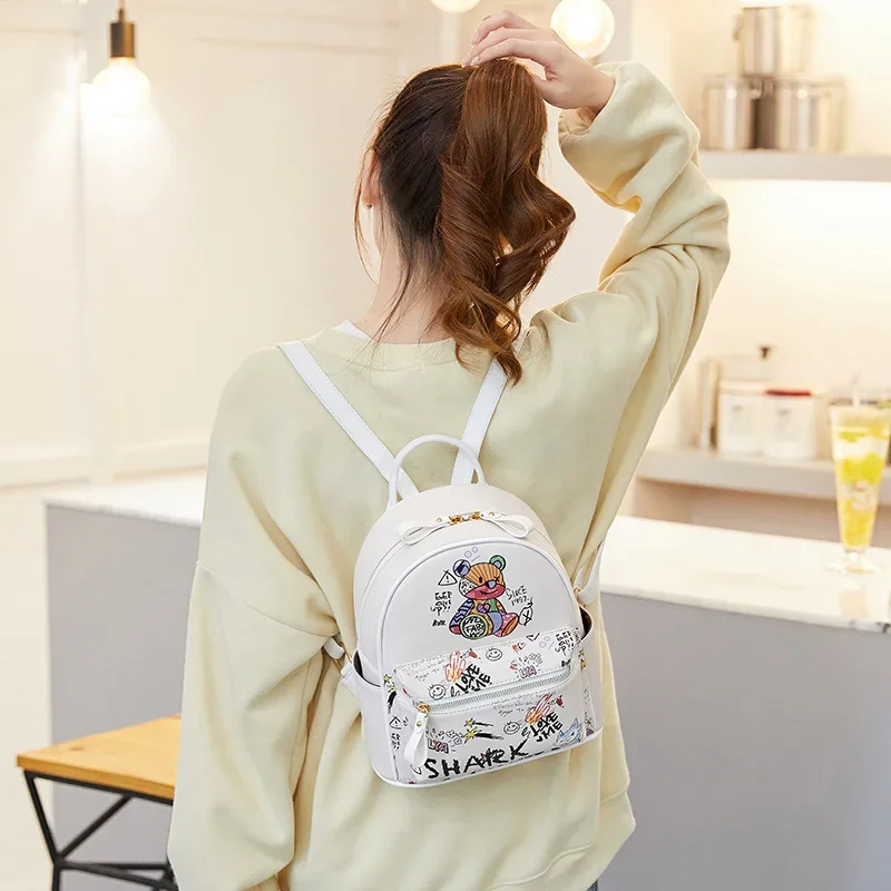 New Korean Fashion Personality Bear Graffiti Pu Womens Small Backpack Mini School Bag Casual High Capacity Schoolbags