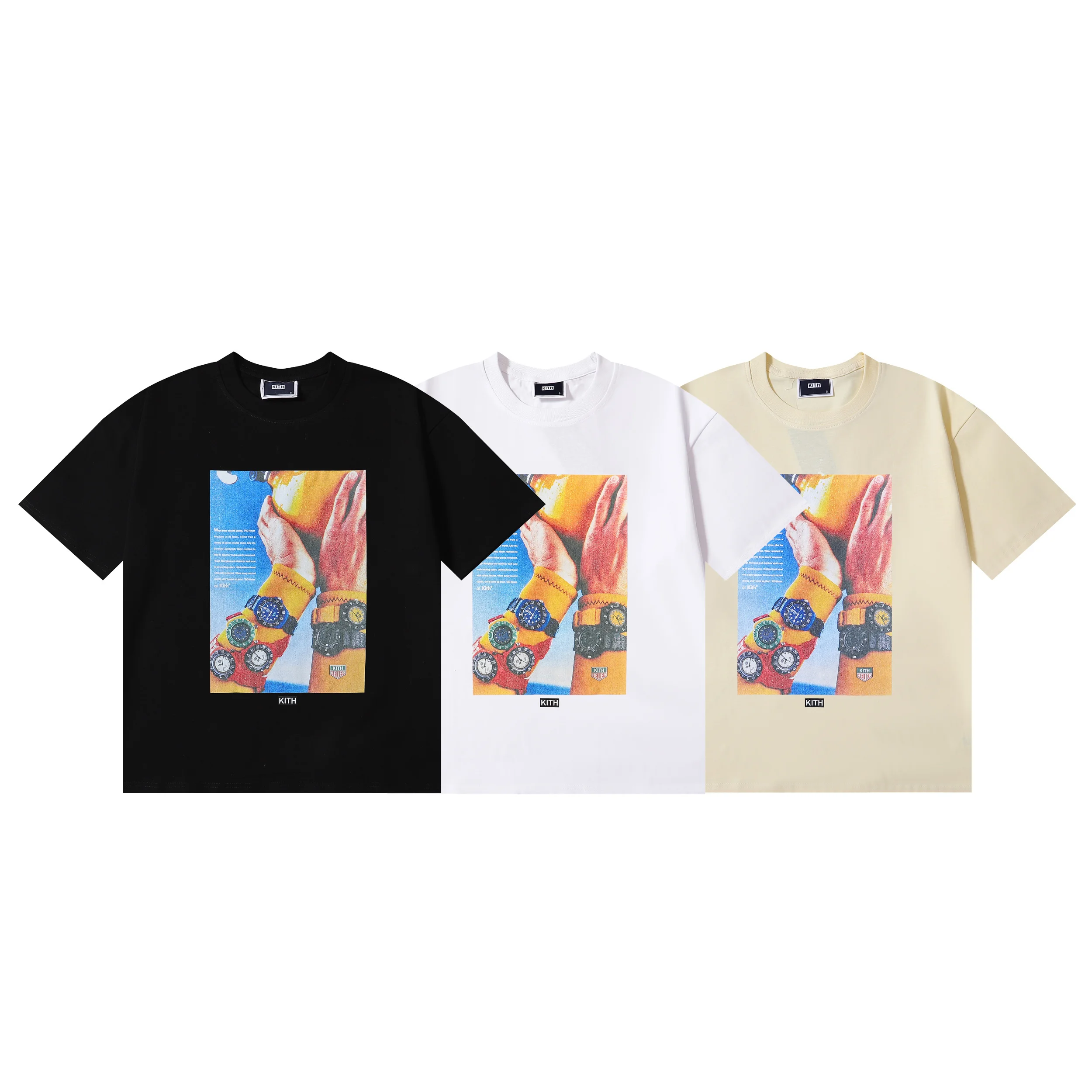 American KITH Retro Streetwear Cotton T-Shirt round Neck Short Sleeve Loose Fit Unisex Printed Casual Top for Youth