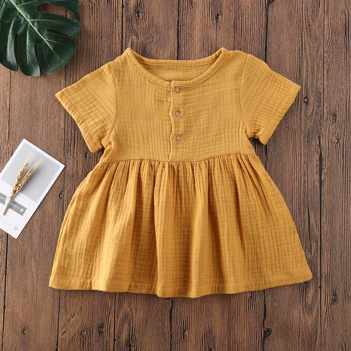 Toddler Baby Girl Summer Casual Dress Solid Color Short Sleeve Button Cotton Linen A-line Mini Girls Dresses