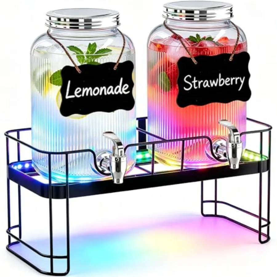

Drink Dispensers for Parties, 2 Pack 1 Gallon Glass Beverage Dispenser with Stand and LED Strip Light, Lemonade Juice Water Dis