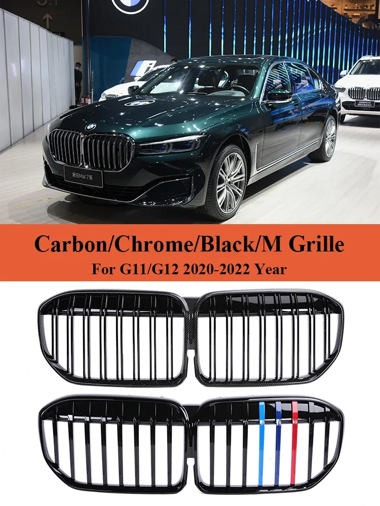 For BMW 7 Series G11 G12 2020-2023 Single Slat Front Bumper Kidney M Grill Carbon Fiber Double Slat Gloss Black Grille Cover