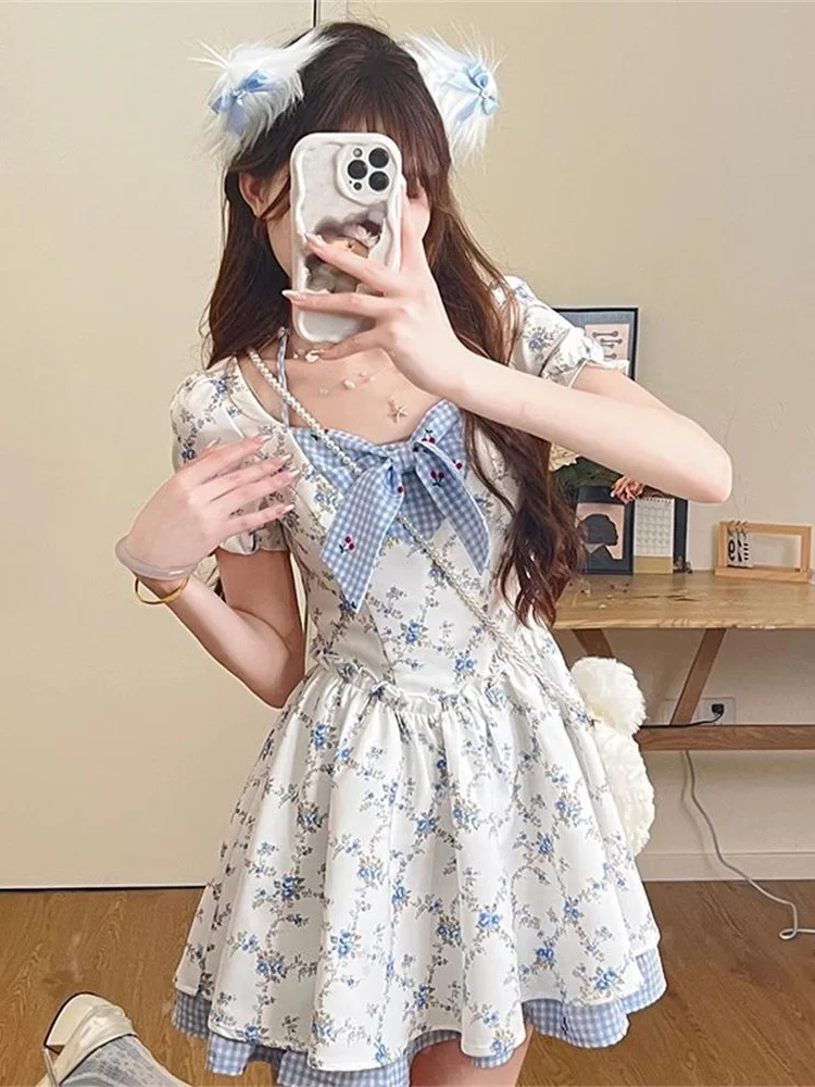 Jmprs lindo vestido Floral con lazo mujeres Kawaii dulce Mini vestido de manga corta Casual Vintage ajustado estilo Preppy señora Japón vestido de Lolita