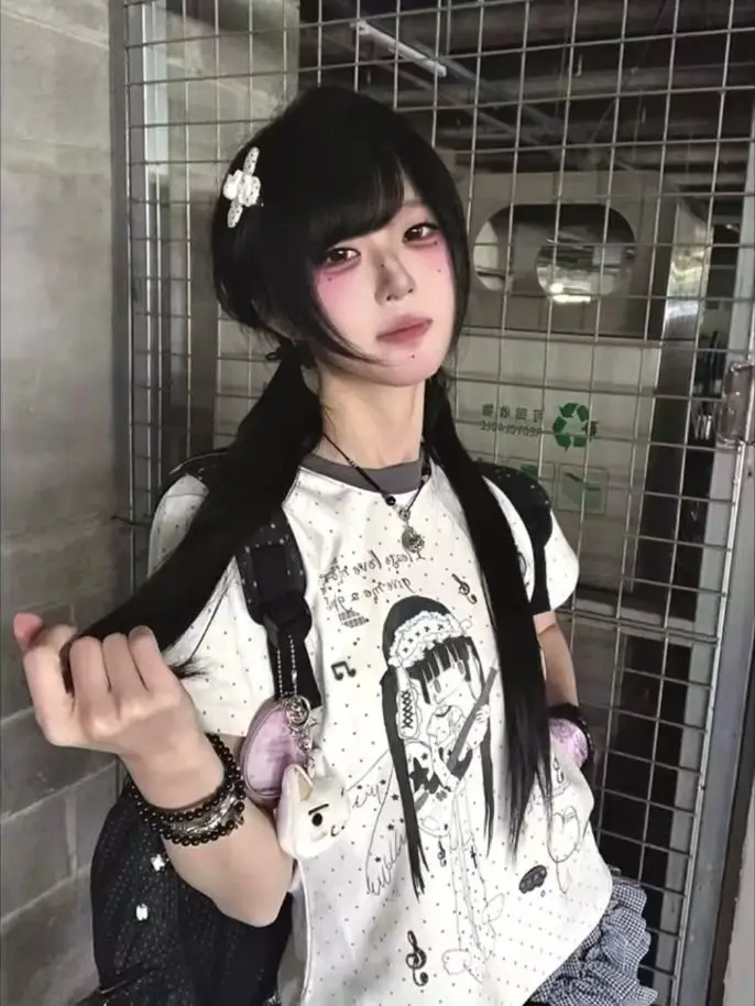 Korean Style Sweet Cool Commuting Asian Cute Printed Short Sleeved T-shirt Women Japanese Cute Morning Wave Dot Top