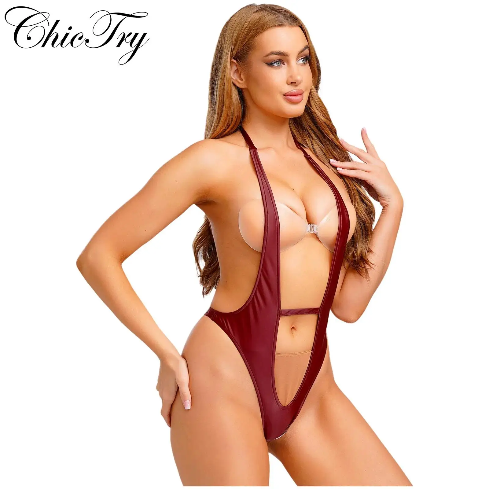 

Womens One Piece Swimsuit High Cut Monokini Deep V Neck Leotard Halter Sling Backless Satin Bodysuit Swimwear Beach Bathing Suit