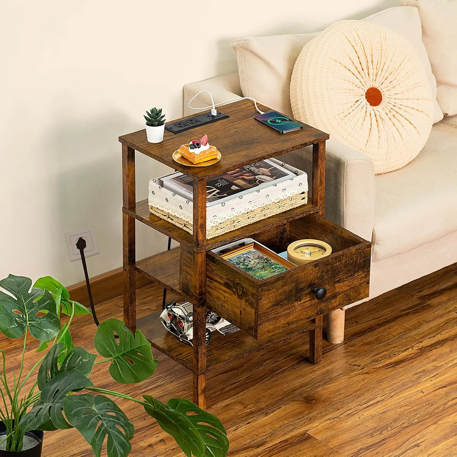 Nightstand with Charging Station and USB Ports, 3-Tier Storage End Table Drawer Shelf, Night Stand for Small Spaces, Wood