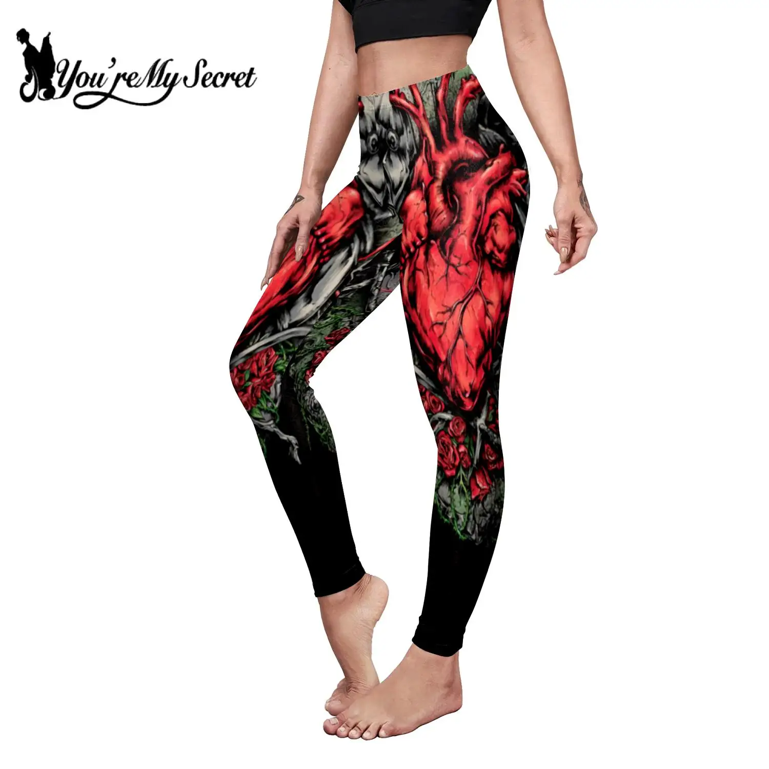 

[You're My Secret] Gothic Dark Leggings 3D Heart Rose Printed Legging Women High Waist Leggins for Workout Push-Up Fitness Pants