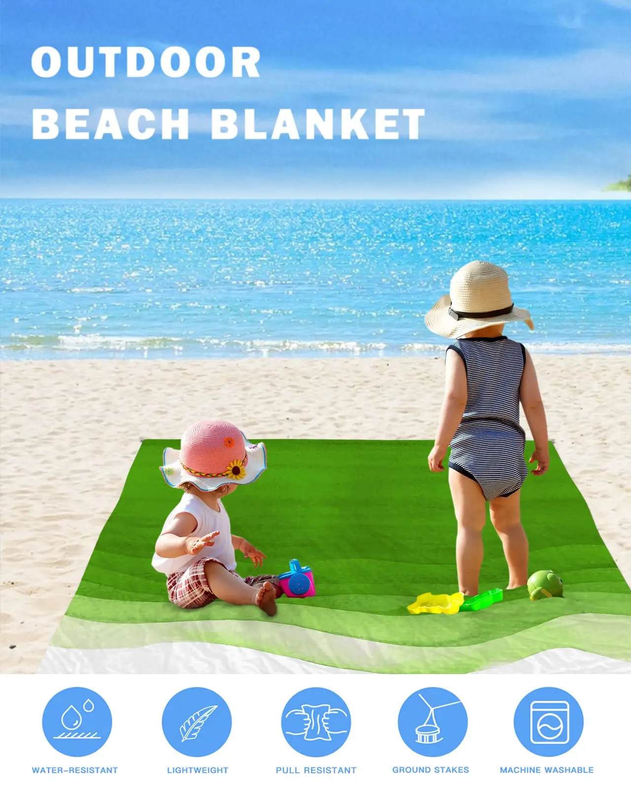 Beach Blanket Picnic Blankets,Ombre Watercolor Green White Sandproof Waterproof Foldable Beach Blankets for Beach with Family