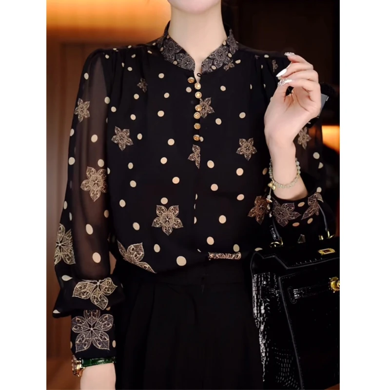 Women Korean Fashion Polka Dot Print Blouse Office Lady Vintage Elegant Commute Button Shirt Stand Collar Long Sleeve Loose Tops