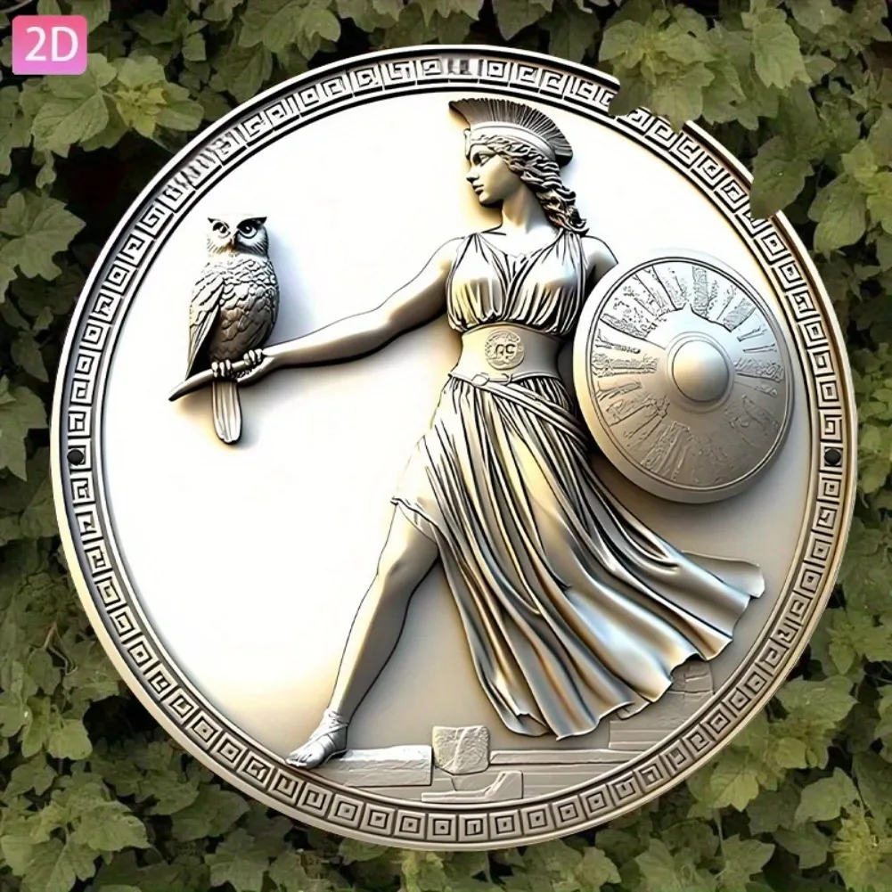 2D Flat Vintage Athena Greek Goddess Statue with Owl Shield Aluminum Wall Art, 8x8 Inch Round Decorative Plaque